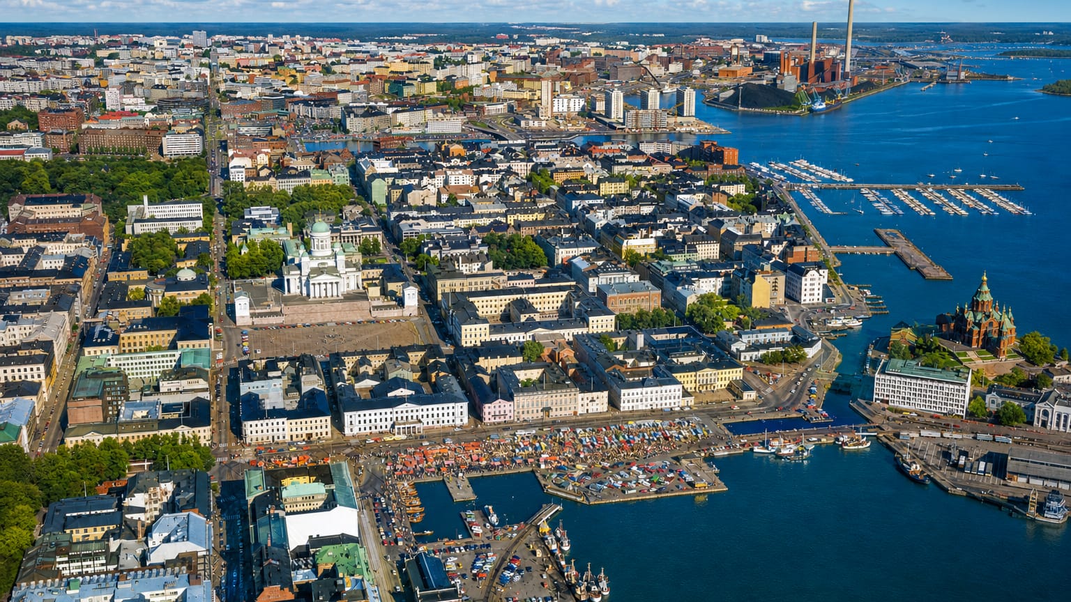 Aerial view over Kruununhaka, Helsinki, with Helsinki Cathedral, Uspenski Cathedral and the Market Square harbour