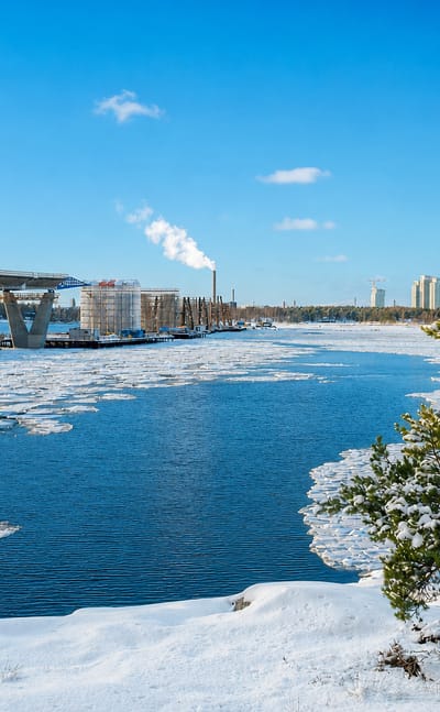 Laajasalo's icy Helsinki seafront on a sunny winter day, with a bridge, distant high-rise towers and a snow-laden pine.