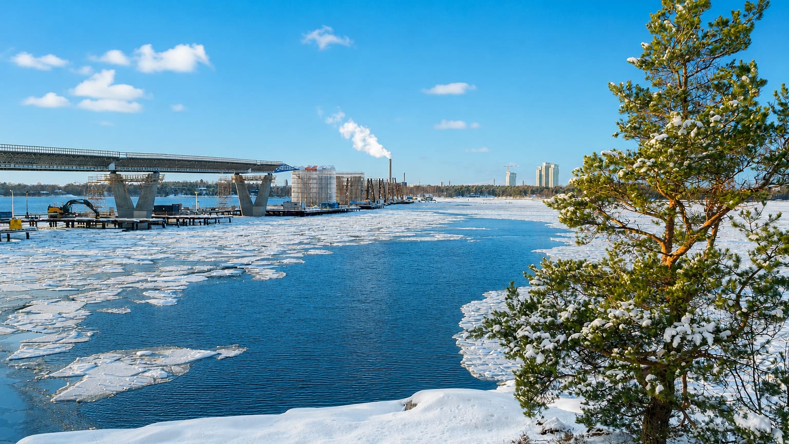 Laajasalo's icy Helsinki seafront on a sunny winter day, with a bridge, distant high-rise towers and a snow-laden pine.