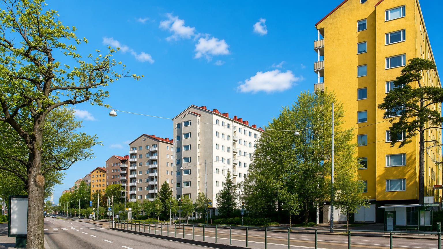Sunlit apartment blocks along a tree-lined boulevard in Laakso, Helsinki, under a clear blue sky.