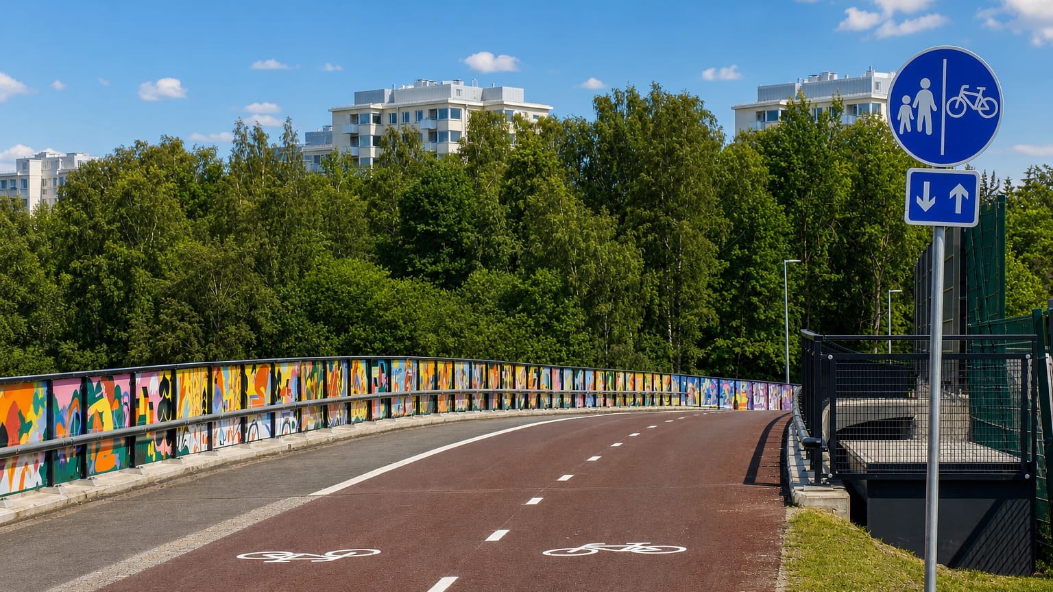 Mural-lined cycle bridge leading past birch woods and white apartment blocks in Länsi-Herttoniemi, Helsinki.