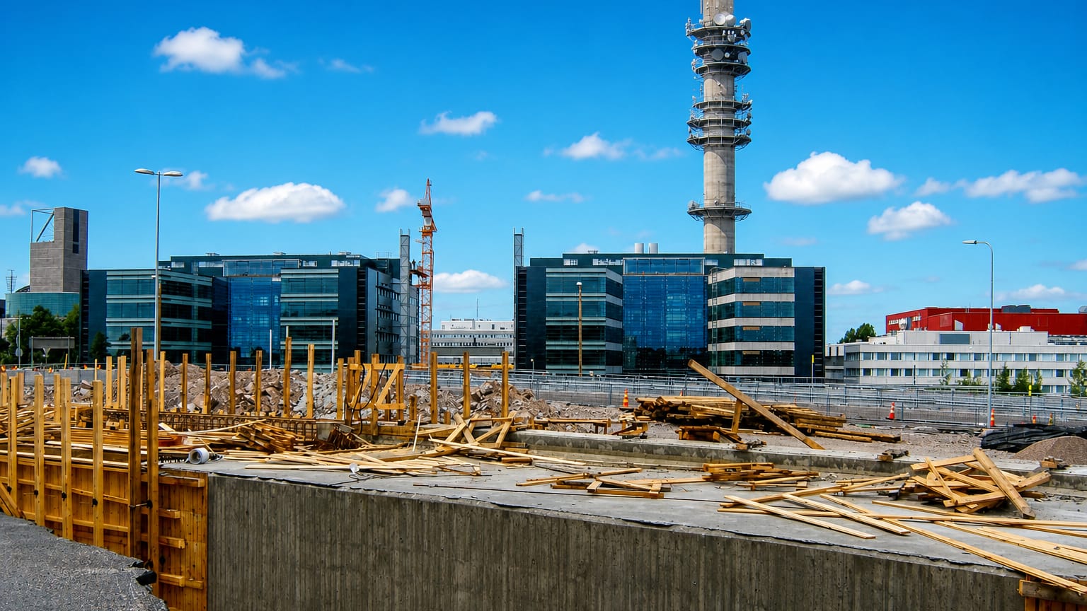 Pasila Link Tower and glass office buildings in Länsi-Pasila, Helsinki, beyond a foreground construction site under blue sky