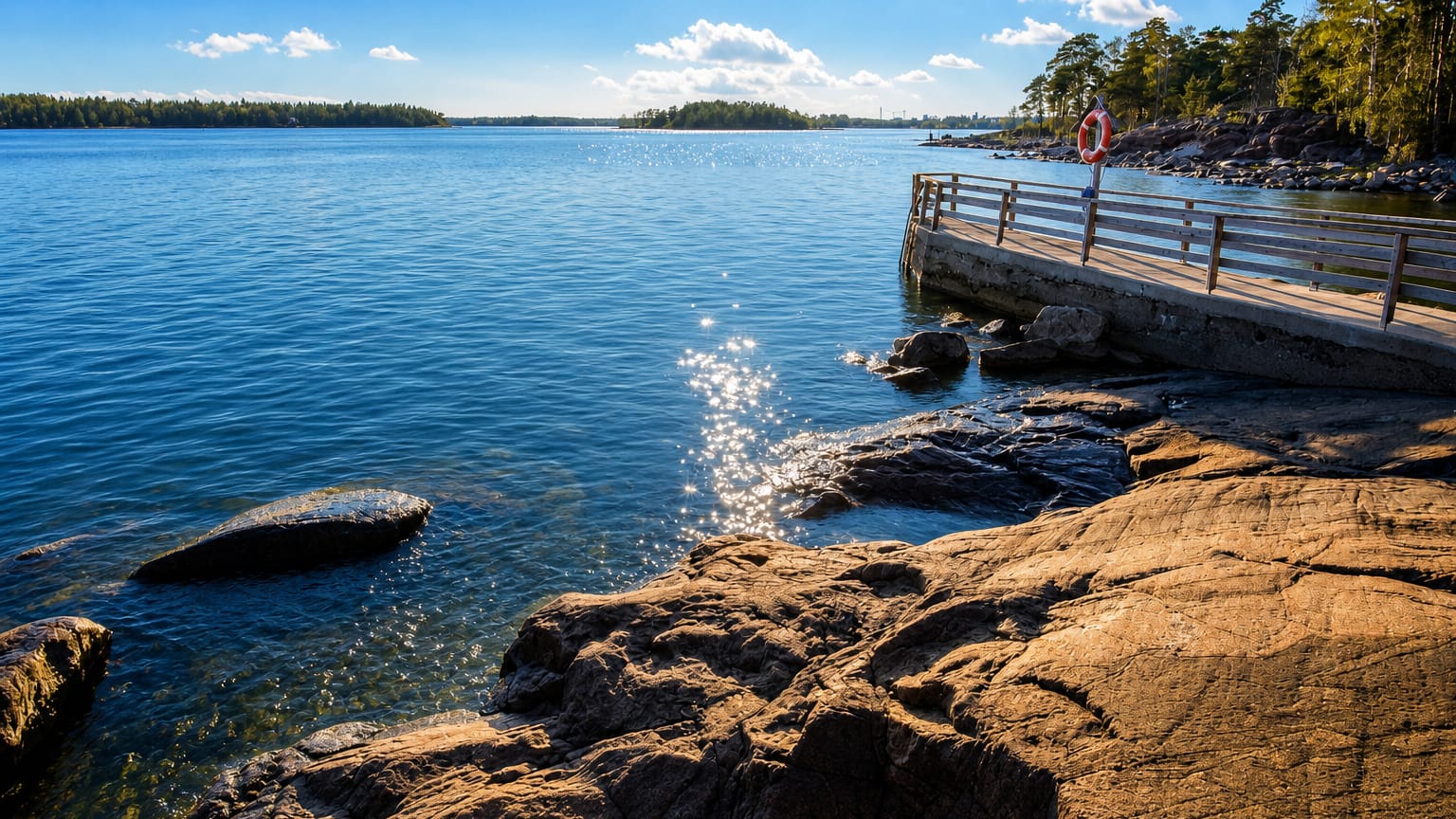 Rocky granite shoreline on Lauttasaari island in Helsinki, Finland, with a wooden pier and forested Baltic archipelago islets.