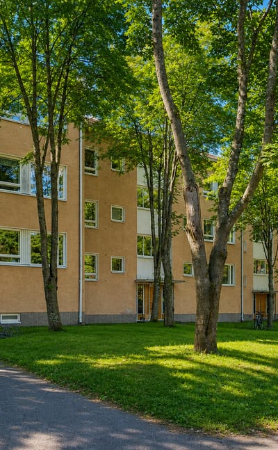 Ochre 1950s apartment blocks and birch-lined lawns along a quiet street in Maunula, northern Helsinki.