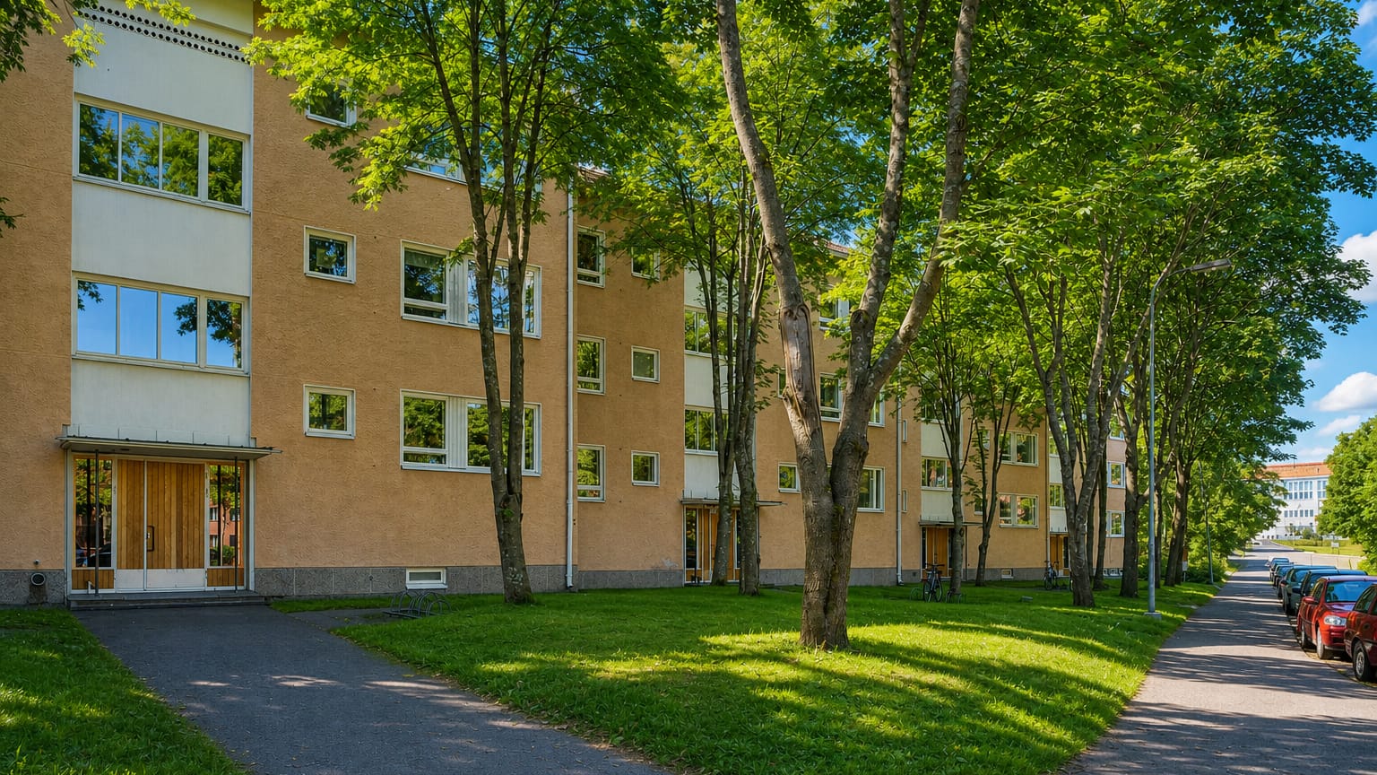 Ochre 1950s apartment blocks and birch-lined lawns along a quiet street in Maunula, northern Helsinki.
