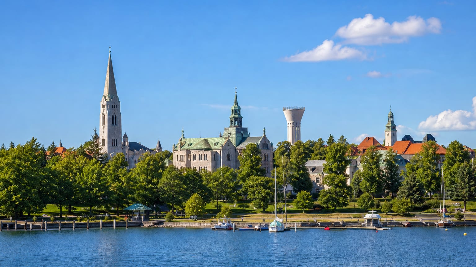 Waterfront townscape of Munkkiniemi, Helsinki, with church spires and a small boat harbour along the shore.