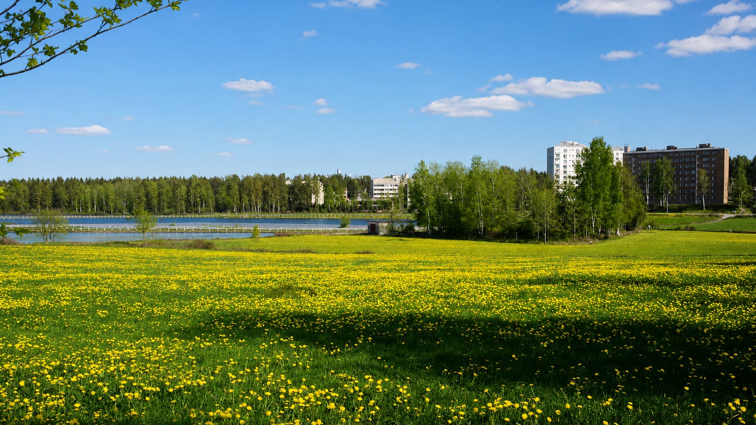 Apartment blocks of Munkkivuori, Helsinki rising beyond a dandelion meadow and a calm lake under a blue summer sky.
