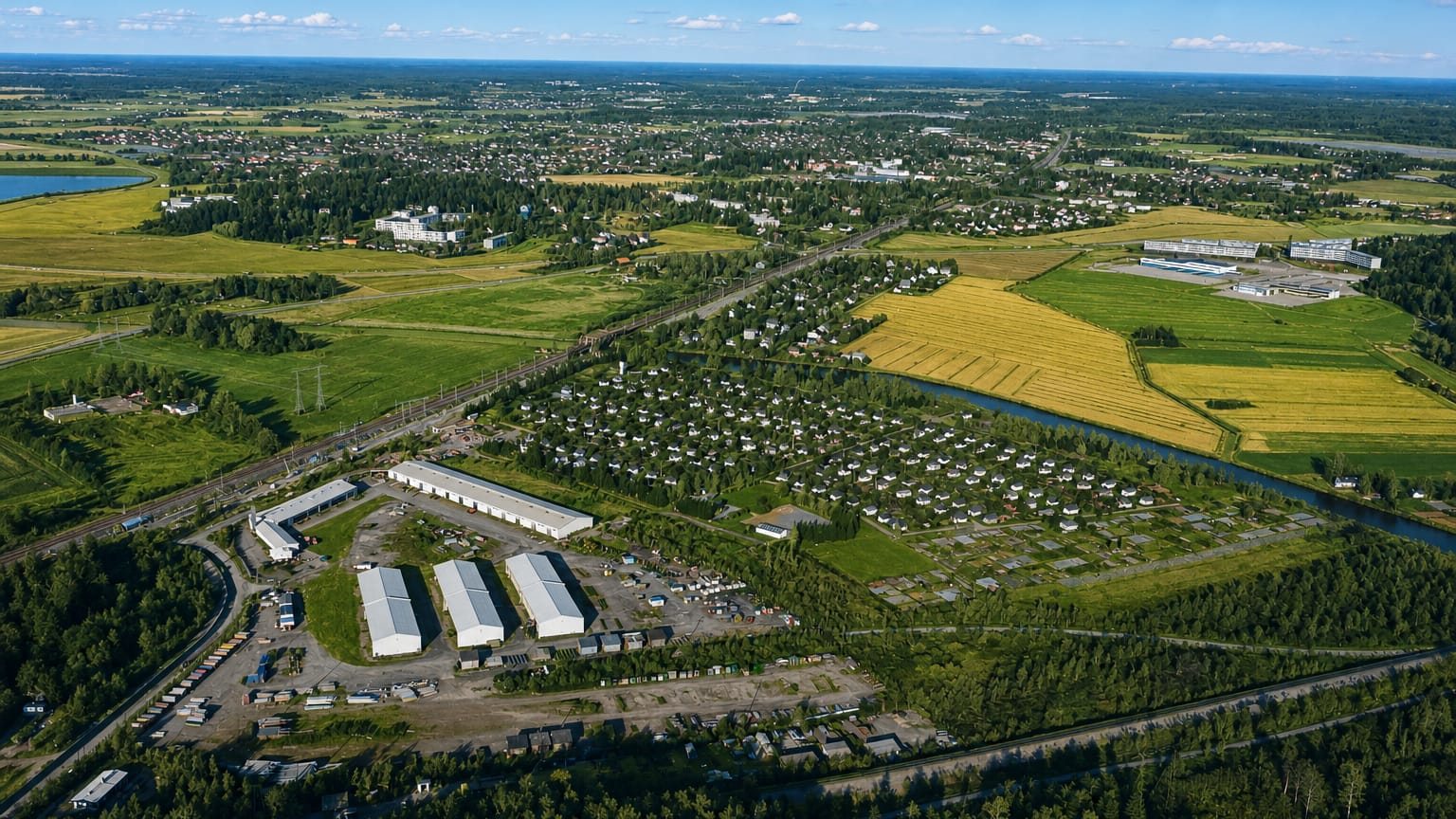 Aerial view of Oulunkylä, Helsinki, with golden summer fields, a winding river, allotment gardens and forest under blue sky