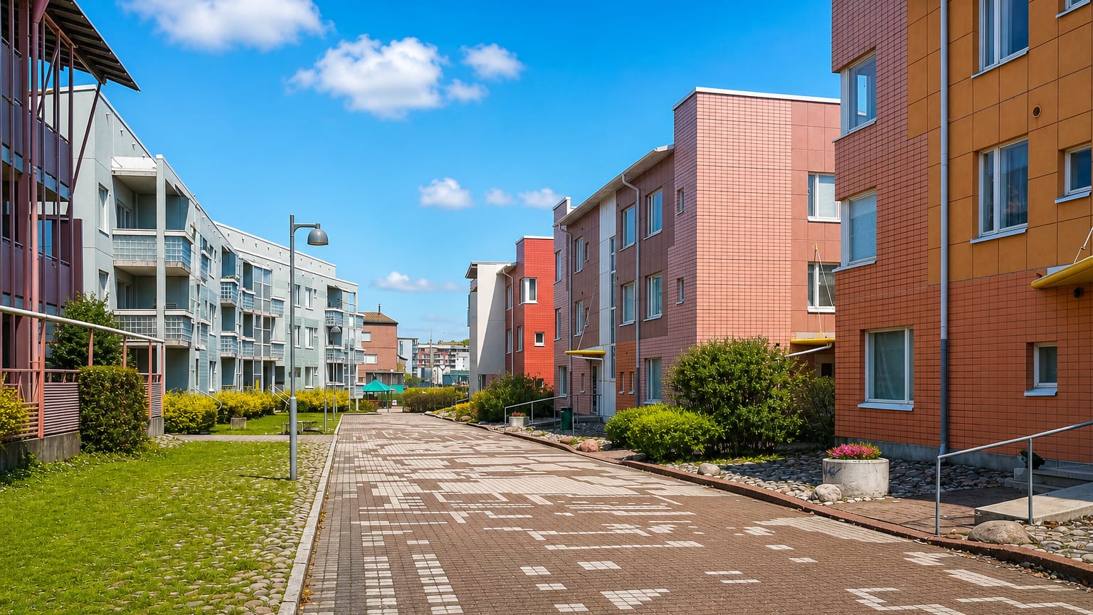 Colourful low-rise apartment blocks lining a paved pedestrian street in Pikku-Huopalahti, Helsinki.