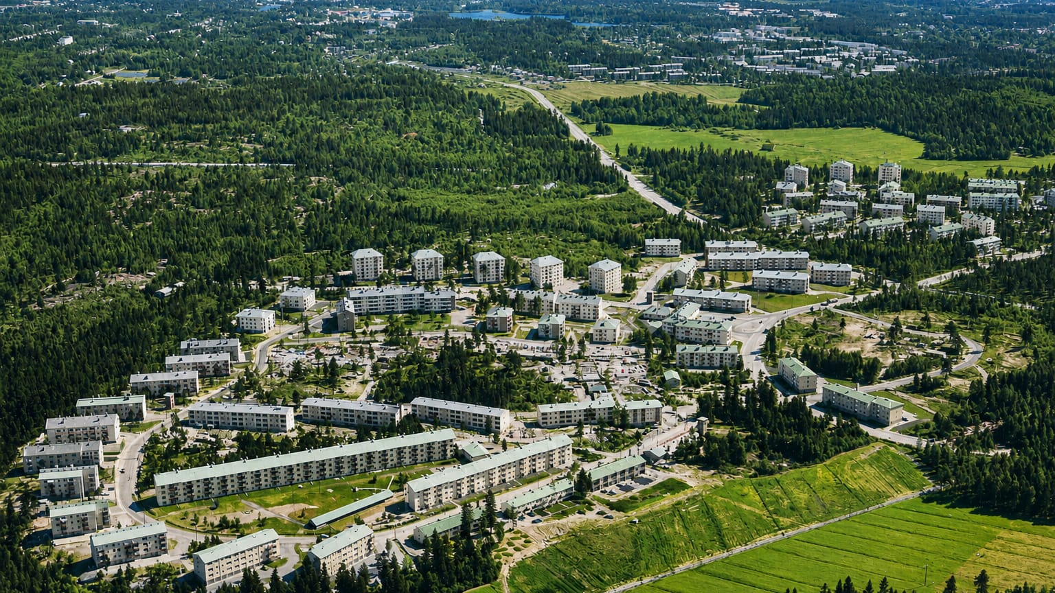Aerial view of Pohjois-Haaga's white apartment blocks set among forest and green fields in Helsinki, Finland