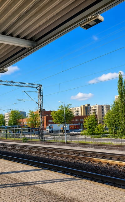 Puistola commuter-rail platform with canopy and numbered signs, suburban apartment blocks beyond under a bright blue sky