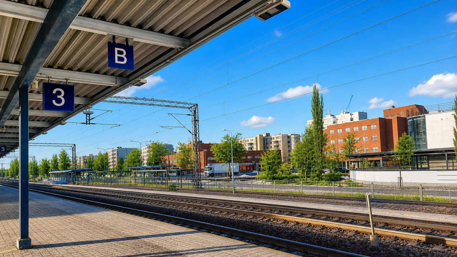 Puistola commuter-rail platform with canopy and numbered signs, suburban apartment blocks beyond under a bright blue sky