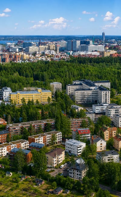 Aerial daytime view of Ruskeasuo's forested apartment blocks and allotment gardens with a lattice tower and Helsinki skyline beyond