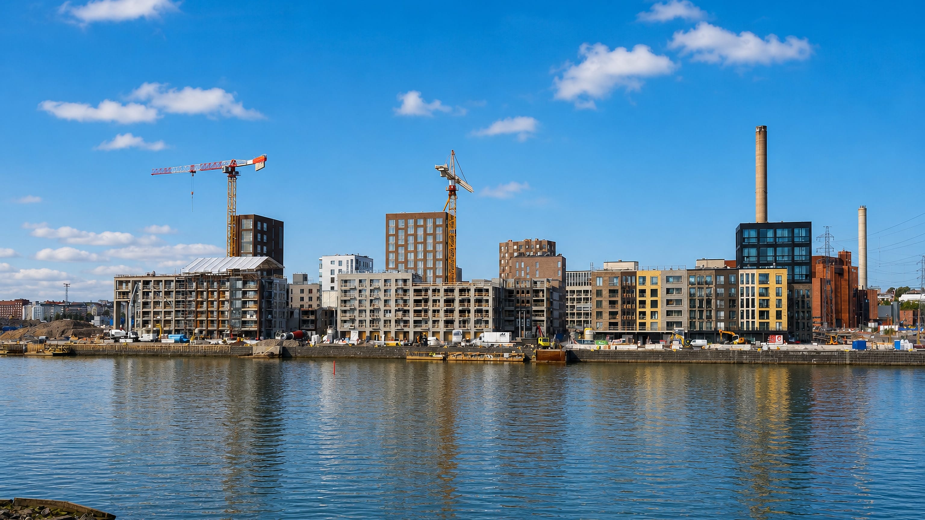 New waterfront apartment blocks under construction in Sompasaari, Helsinki, with power-plant chimneys behind.