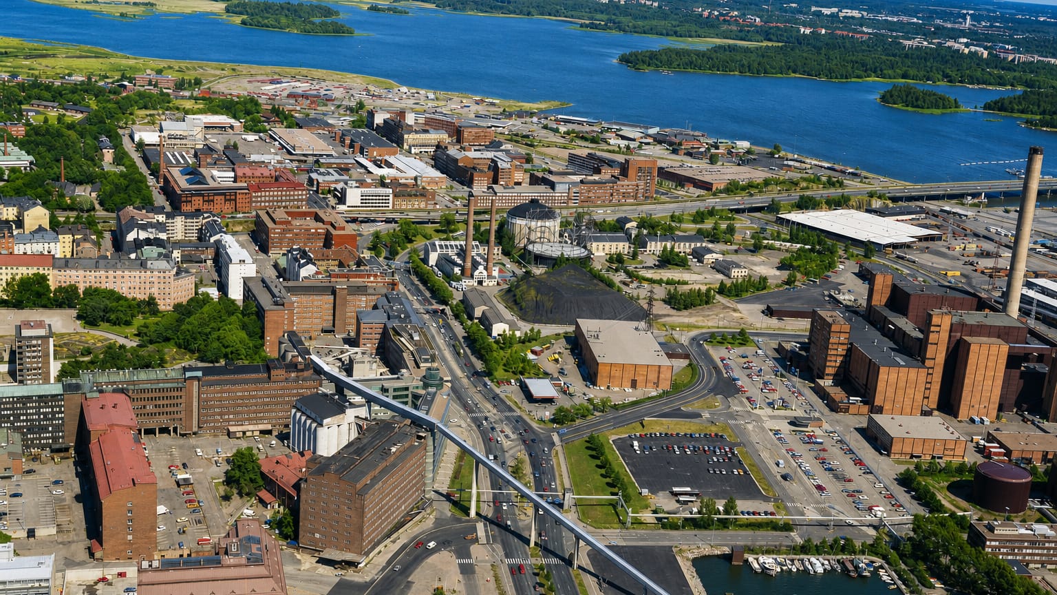 Aerial daytime view of Sörnäinen, Helsinki, with red-brick industrial buildings, a pedestrian bridge and a seaside marina on the bay.