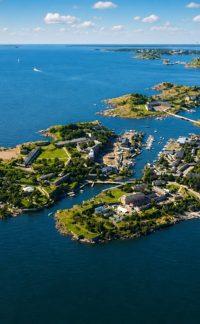 Aerial view of Suomenlinna sea fortress and its bastioned islands in the Helsinki archipelago, Finland.