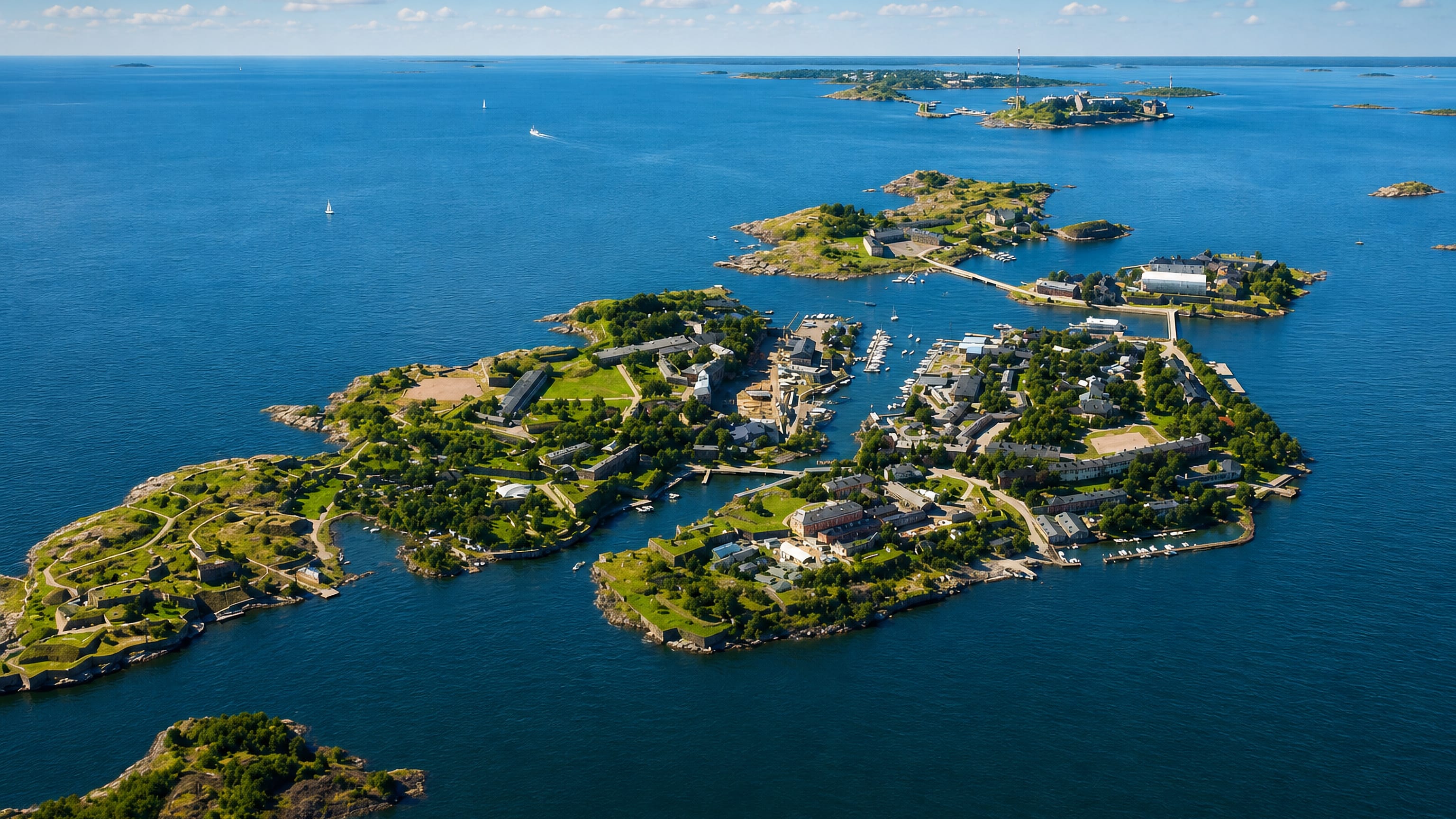 Aerial view of Suomenlinna sea fortress and its bastioned islands in the Helsinki archipelago, Finland.