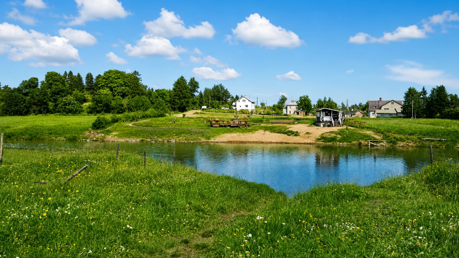 Sunny summer meadow and small pond ringed by grass, trees and scattered houses in Tapaninkylä, Helsinki, Finland.