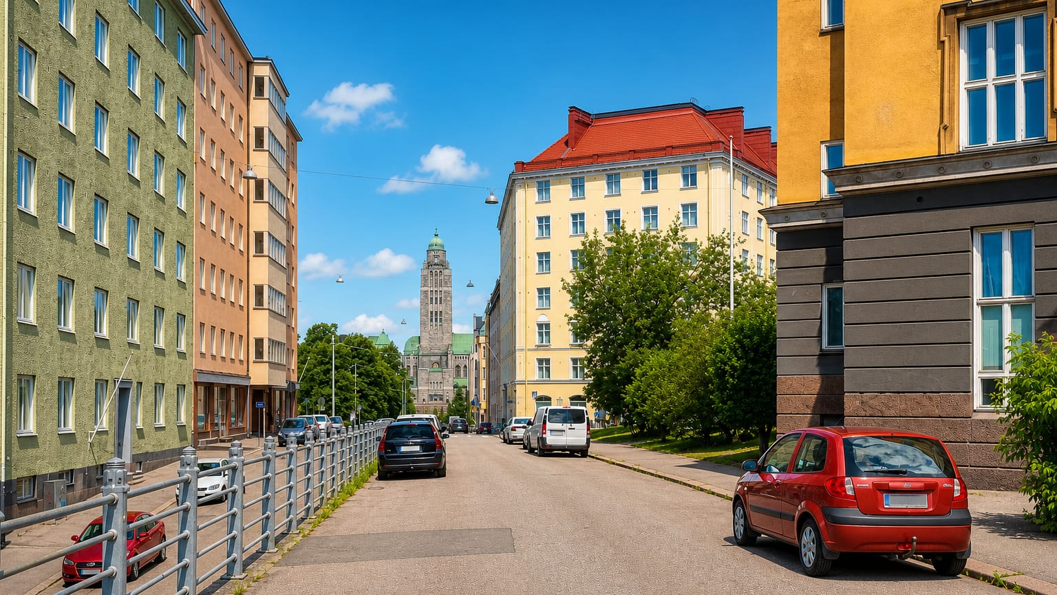 Torkelsbacken street in Helsinki's Kallio, lined with 1920s apartment blocks and Kallio Church tower beyond.