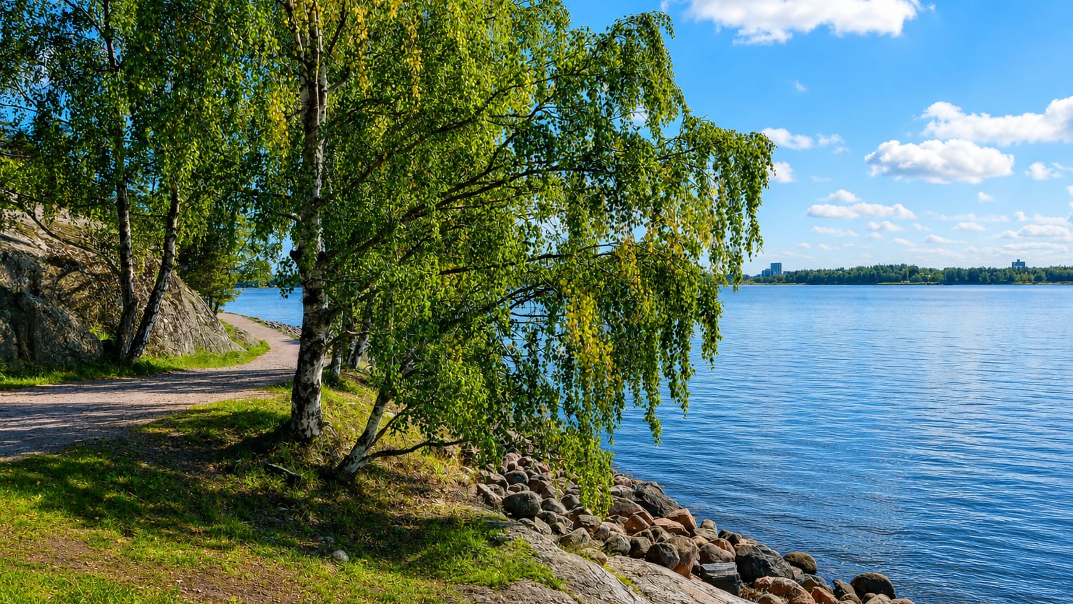 Birch-lined shore path beside the sea at Vanha Munkkiniemi, Helsinki, with distant towers across the bay.