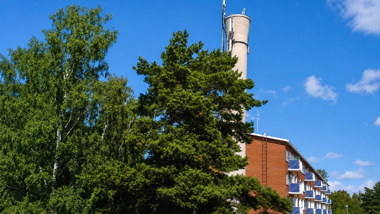 Vartioharju's water tower rising above a brick apartment block and lush birch and pine trees under a blue Helsinki sky