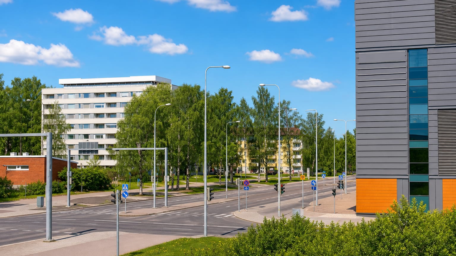 Tree-lined suburban boulevard with modern and 1960s apartment blocks in Vartiokylä, eastern Helsinki.