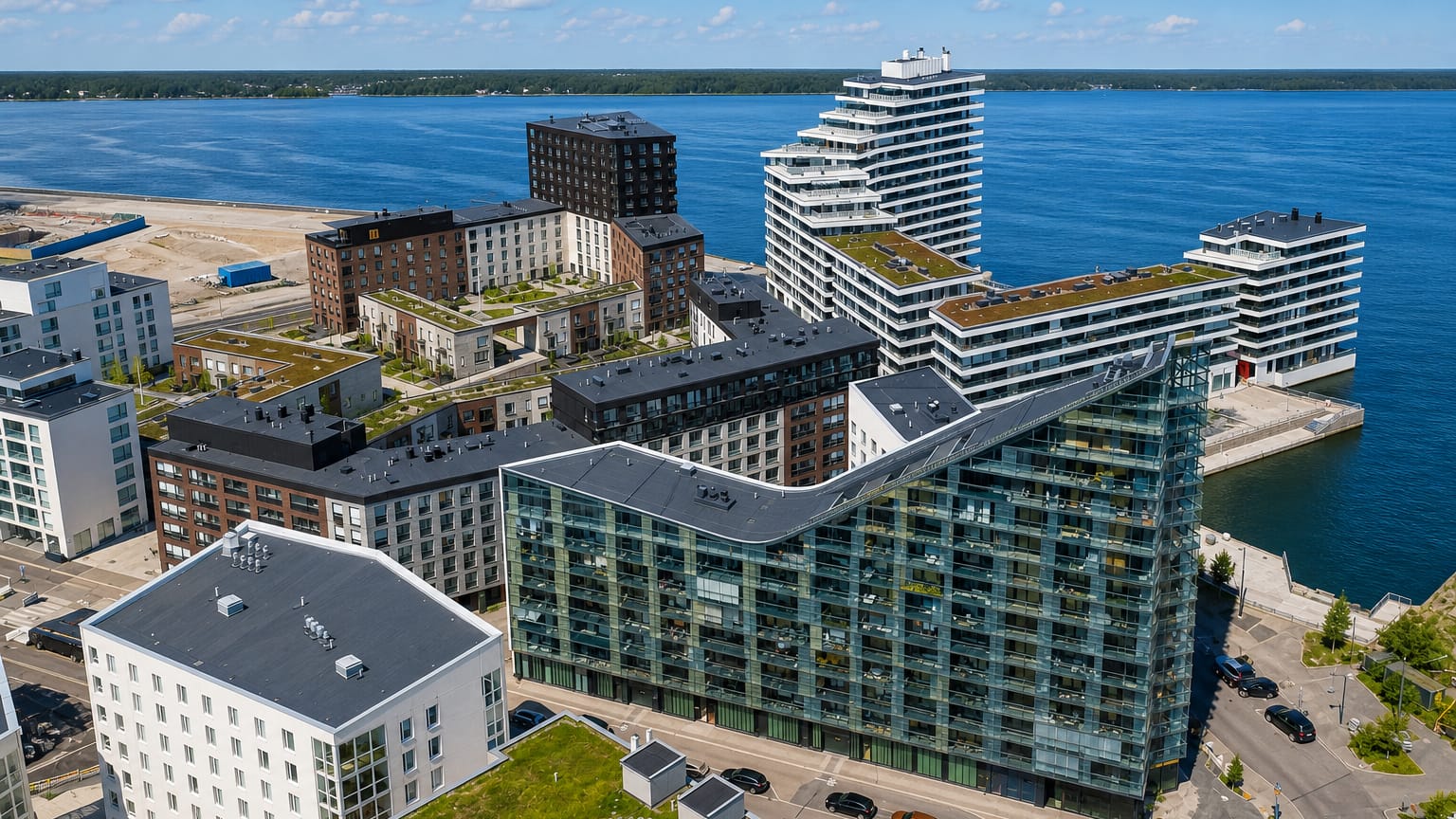 Modern glass and brick waterfront apartment blocks beside the sea in Verkkosaari, Helsinki.