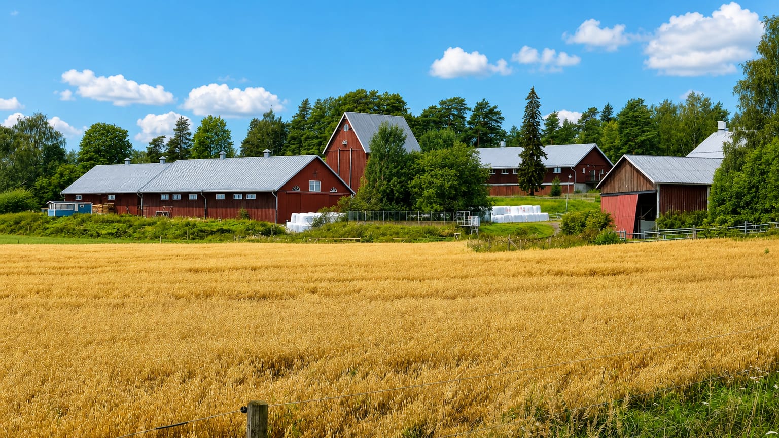 Red timber farm buildings behind a golden oat field at the Viikki research farm in eastern Helsinki.