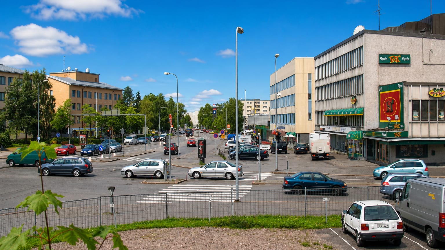Cars parked around a crosswalk in Jaervenpaeae town centre, lined with low shops and offices under a blue sky.