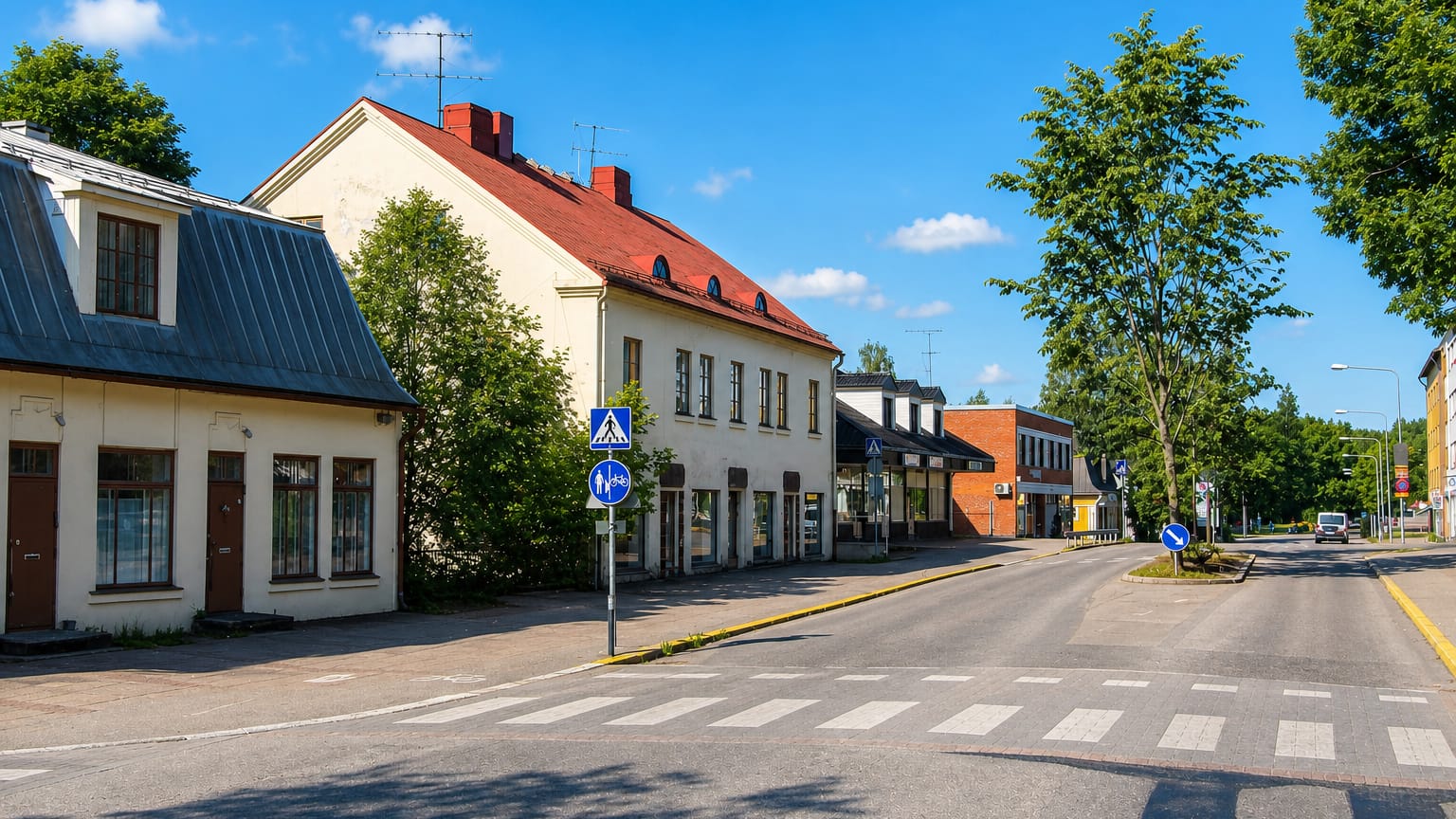 Quiet town-centre street with pastel buildings and a pedestrian crossing in Karkkila, Finland.