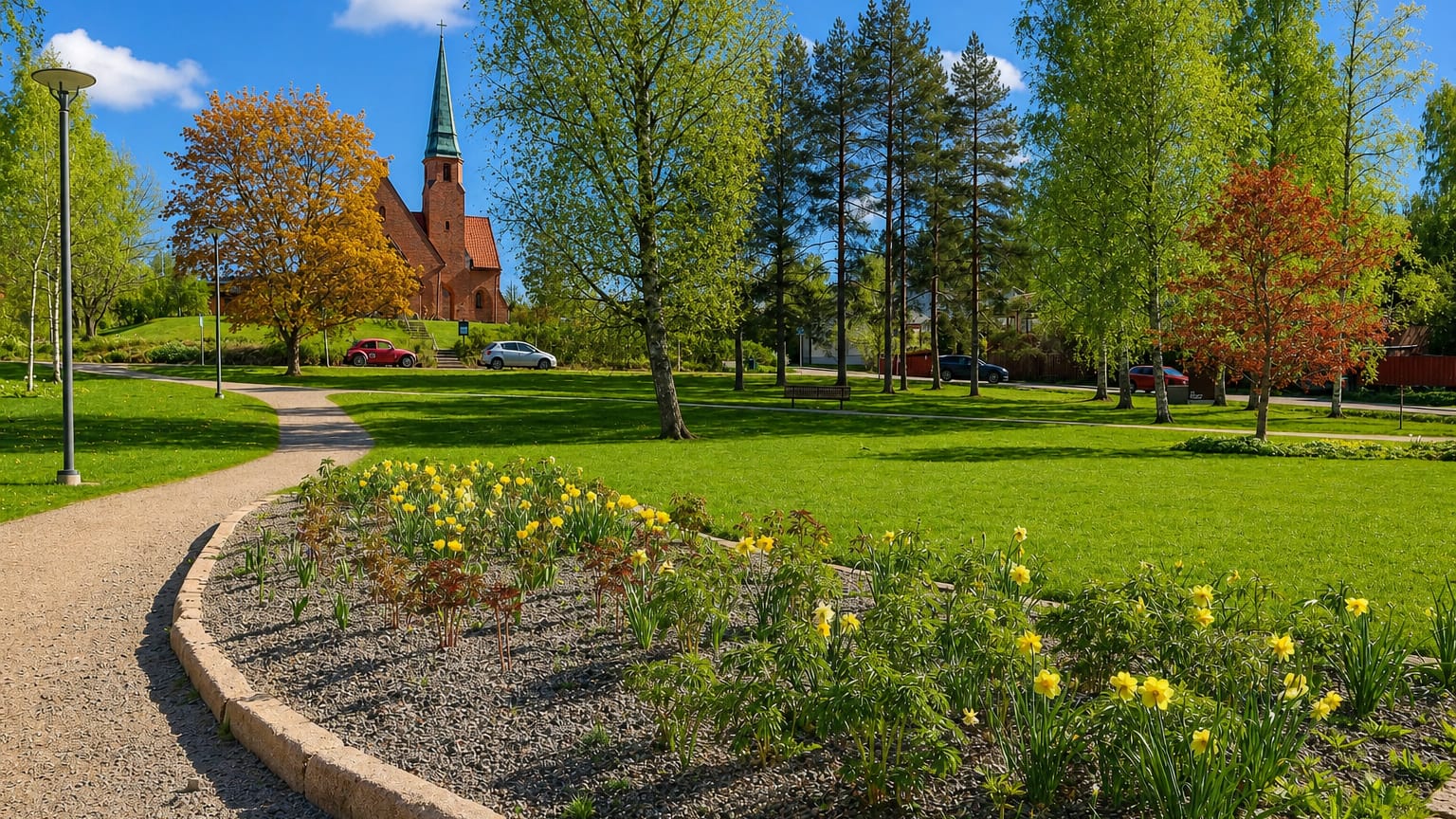 A red-brick church with a green spire above a park with daffodil beds and birches in Kauniainen, Finland.