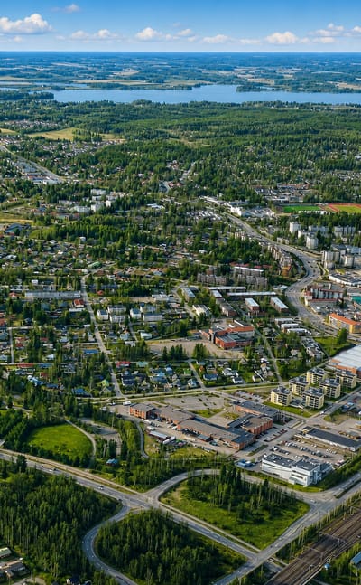 Aerial daytime view of Kerava, Finland, showing its low-rise town centre, railway corridor and surrounding forests and lakes.