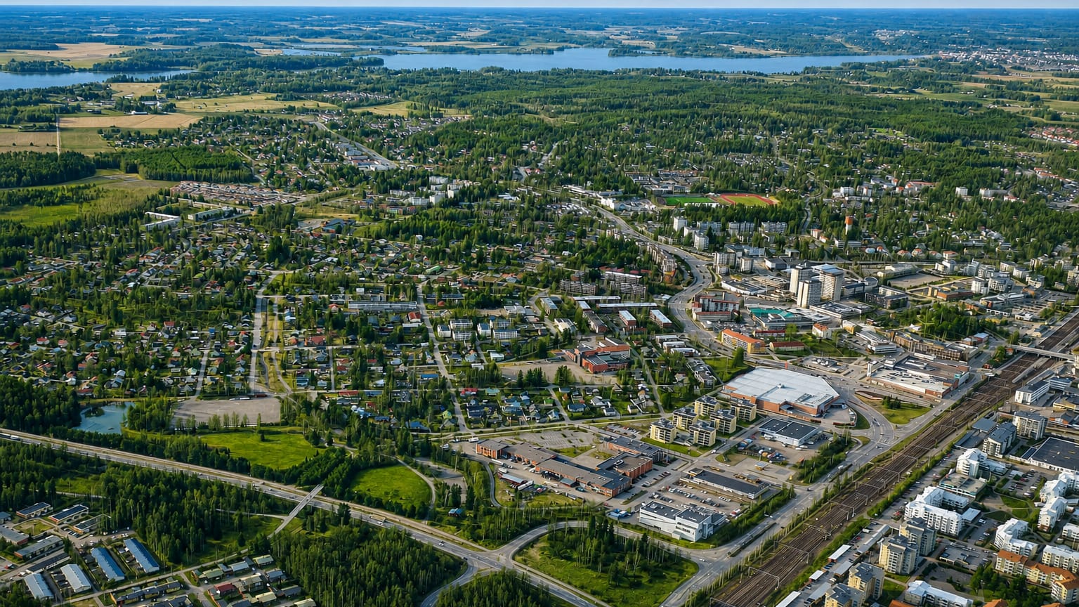Aerial daytime view of Kerava, Finland, showing its low-rise town centre, railway corridor and surrounding forests and lakes.