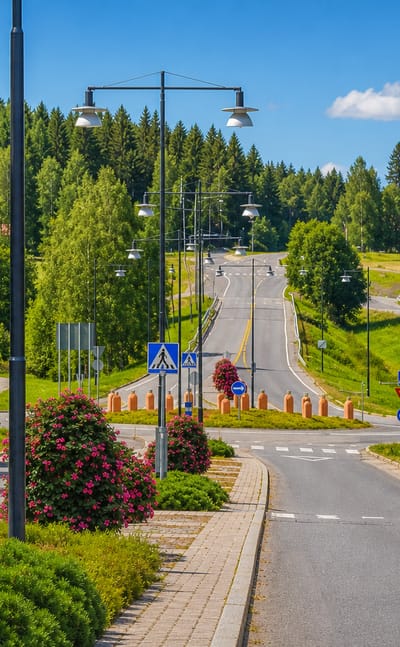 Tidy village road with flowering shrubs, birches and red barns in Nickby, Finland