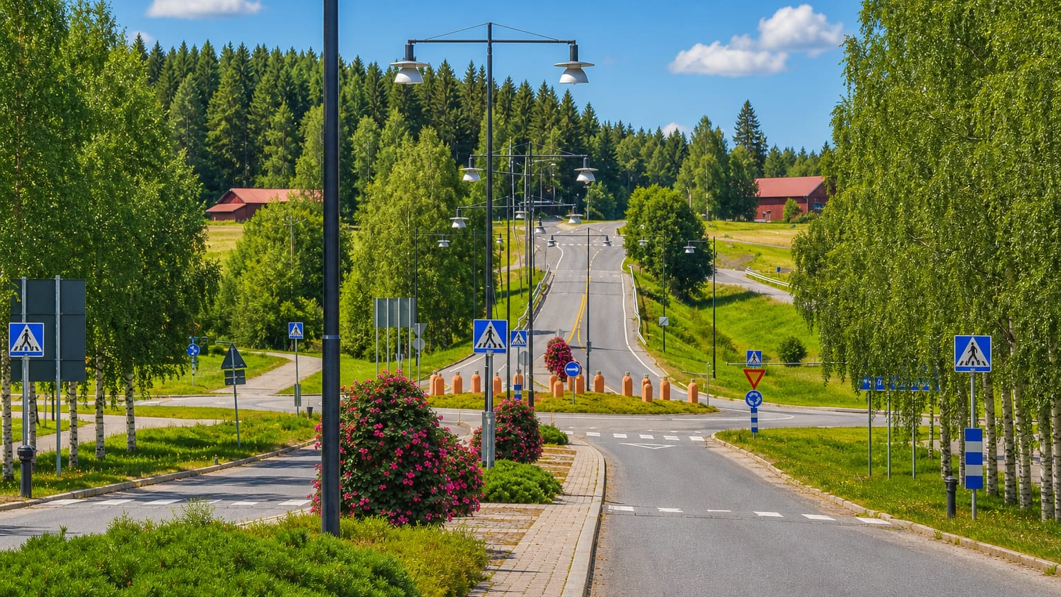 Tidy village road with flowering shrubs, birches and red barns in Nickby, Finland