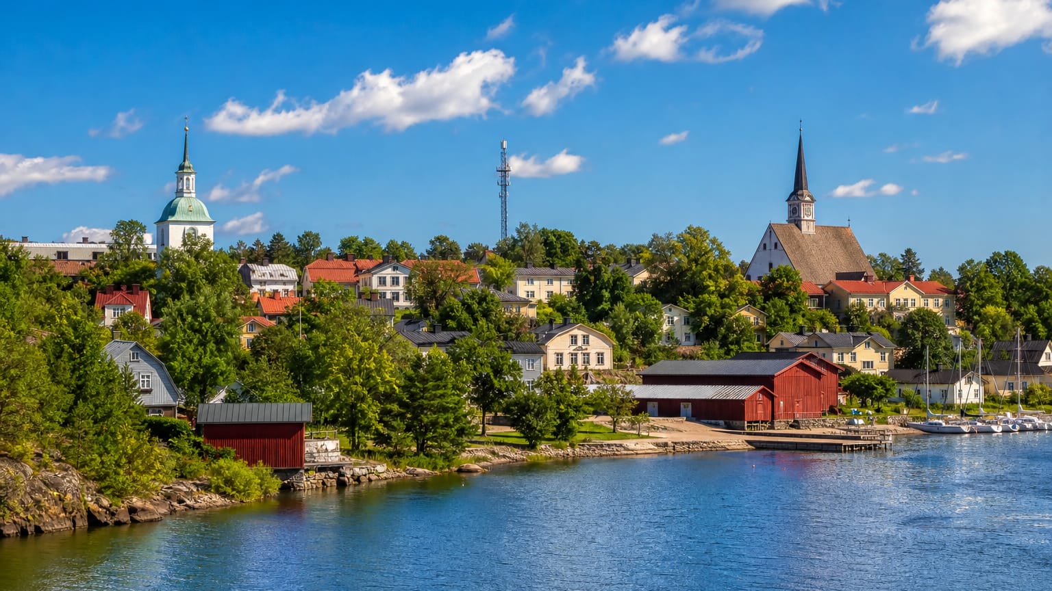 Waterfront view of Pernå village with two church spires, red boathouses and wooden houses among trees, Finland