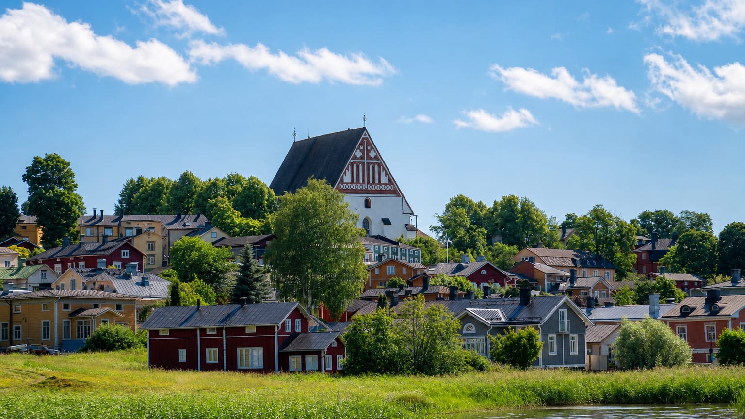 Porvoo's medieval cathedral on the hill above the historic red riverside warehouse houses along the Porvoo River.