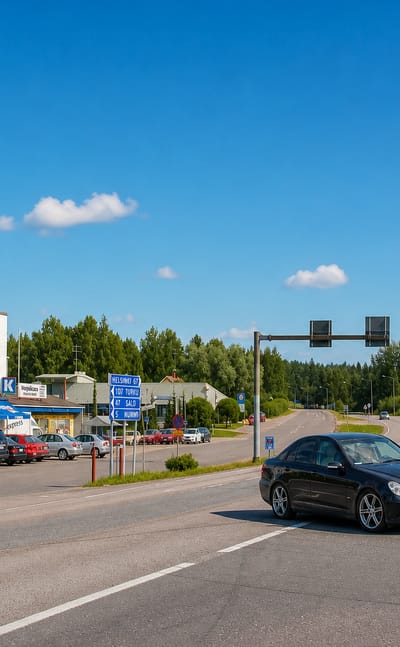 Cars pass a K-Market and roadside shops at a highway junction in Saukkola, Finland.
