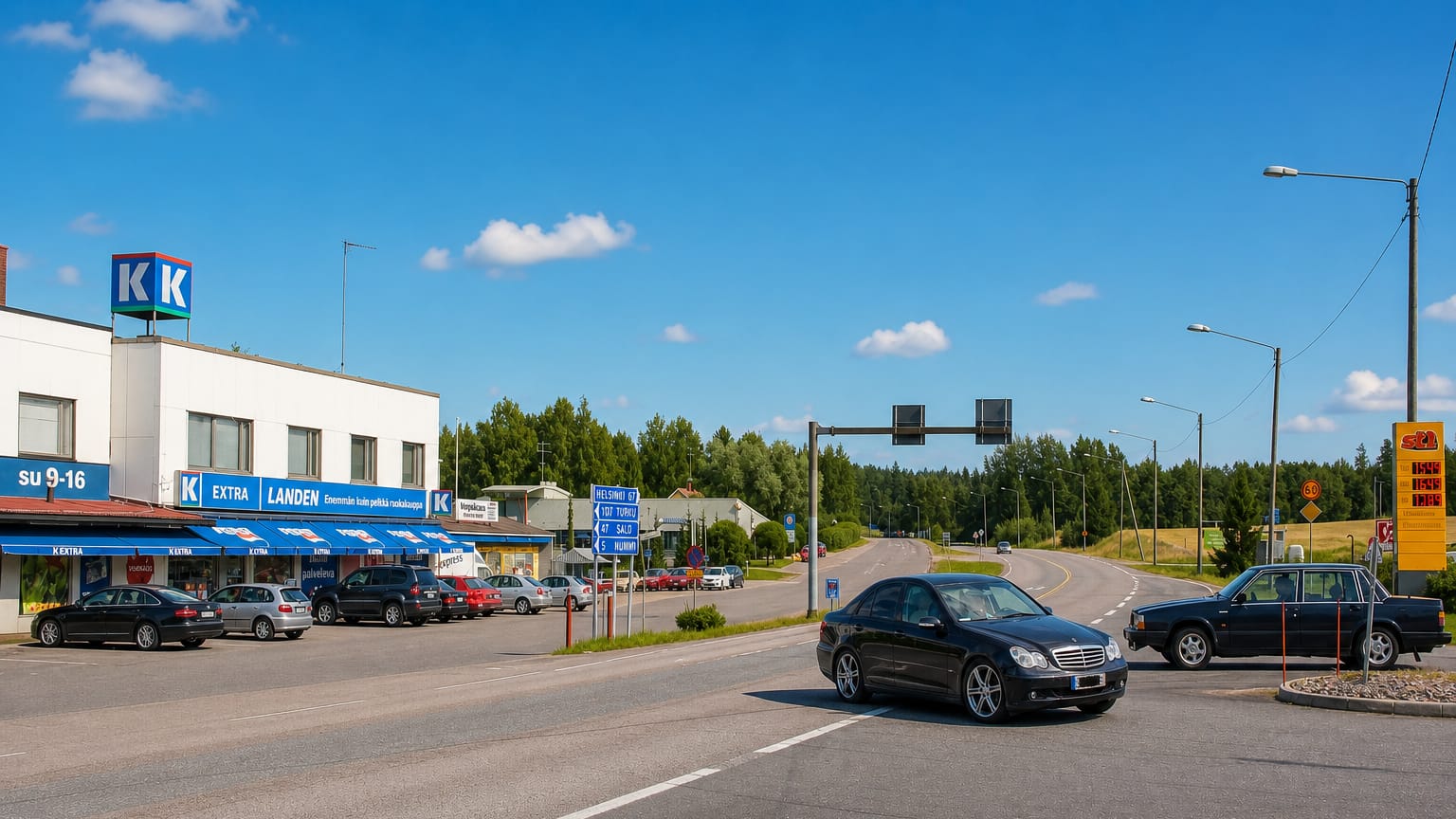 Cars pass a K-Market and roadside shops at a highway junction in Saukkola, Finland.