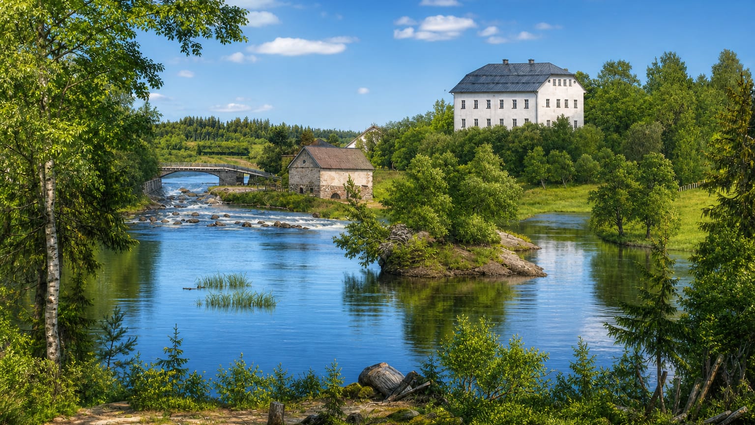 White manor house above the Siuntionjoki river rapids with an old stone mill and bridge in Siuntio, Finland