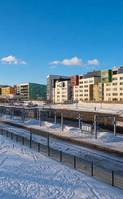 Colourful modern apartment blocks beside Leinelä railway station under snow and clear blue sky, Vantaa, Finland