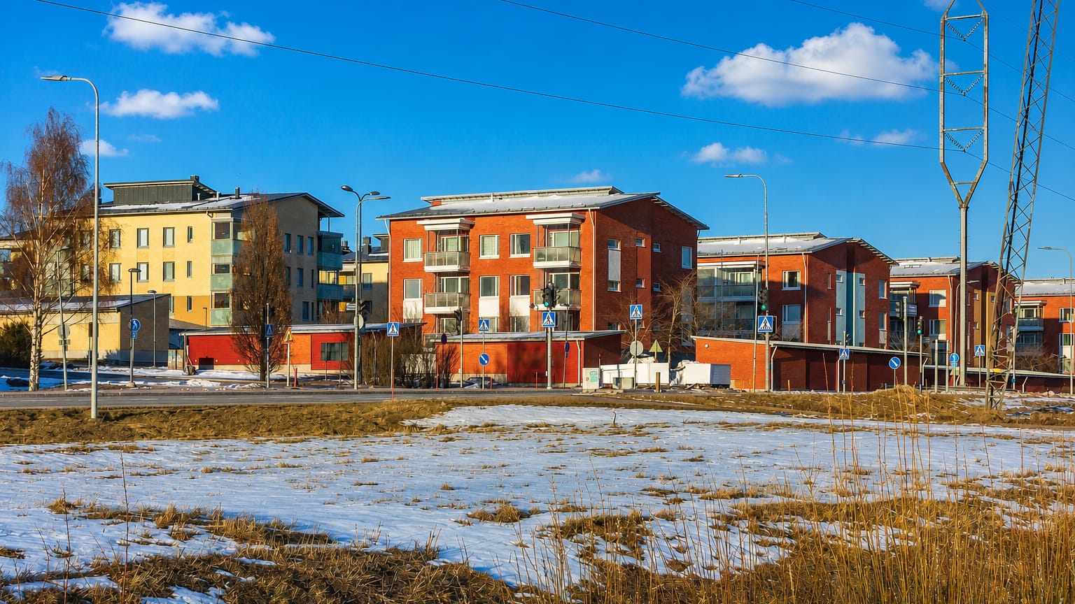 Modern red and yellow apartment blocks in Pakkala, Vantaa, beside a road with patchy snow under a blue winter sky.