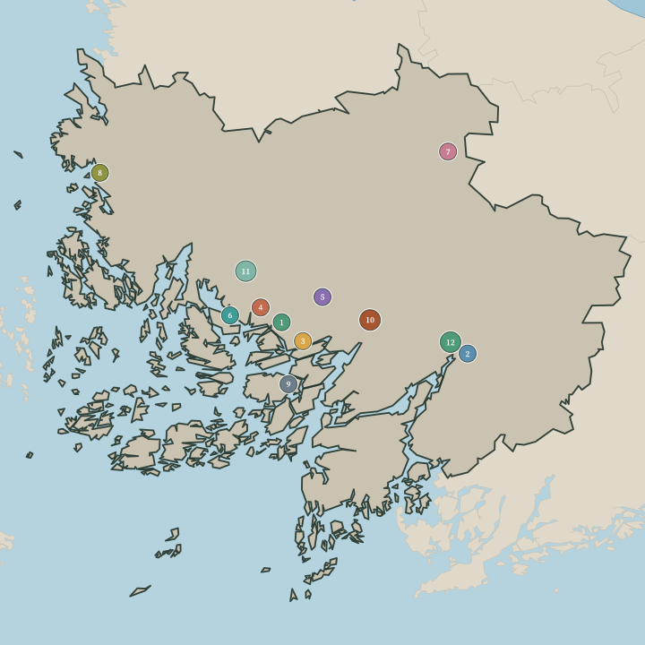 Map of Varsinais-Suomi showing its numbered towns and cities