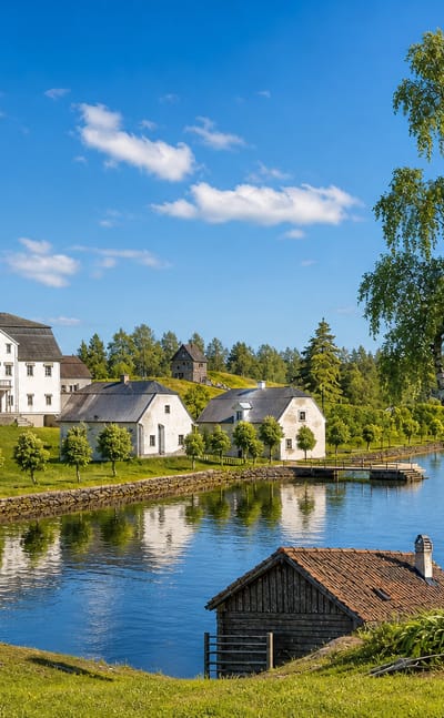 White historic manor buildings and a rustic log boathouse beside calm archipelago water under birches in Dragsfjärd, Finland