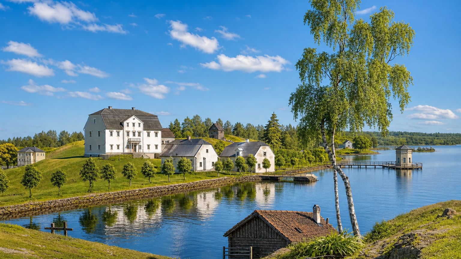 White historic manor buildings and a rustic log boathouse beside calm archipelago water under birches in Dragsfjärd, Finland