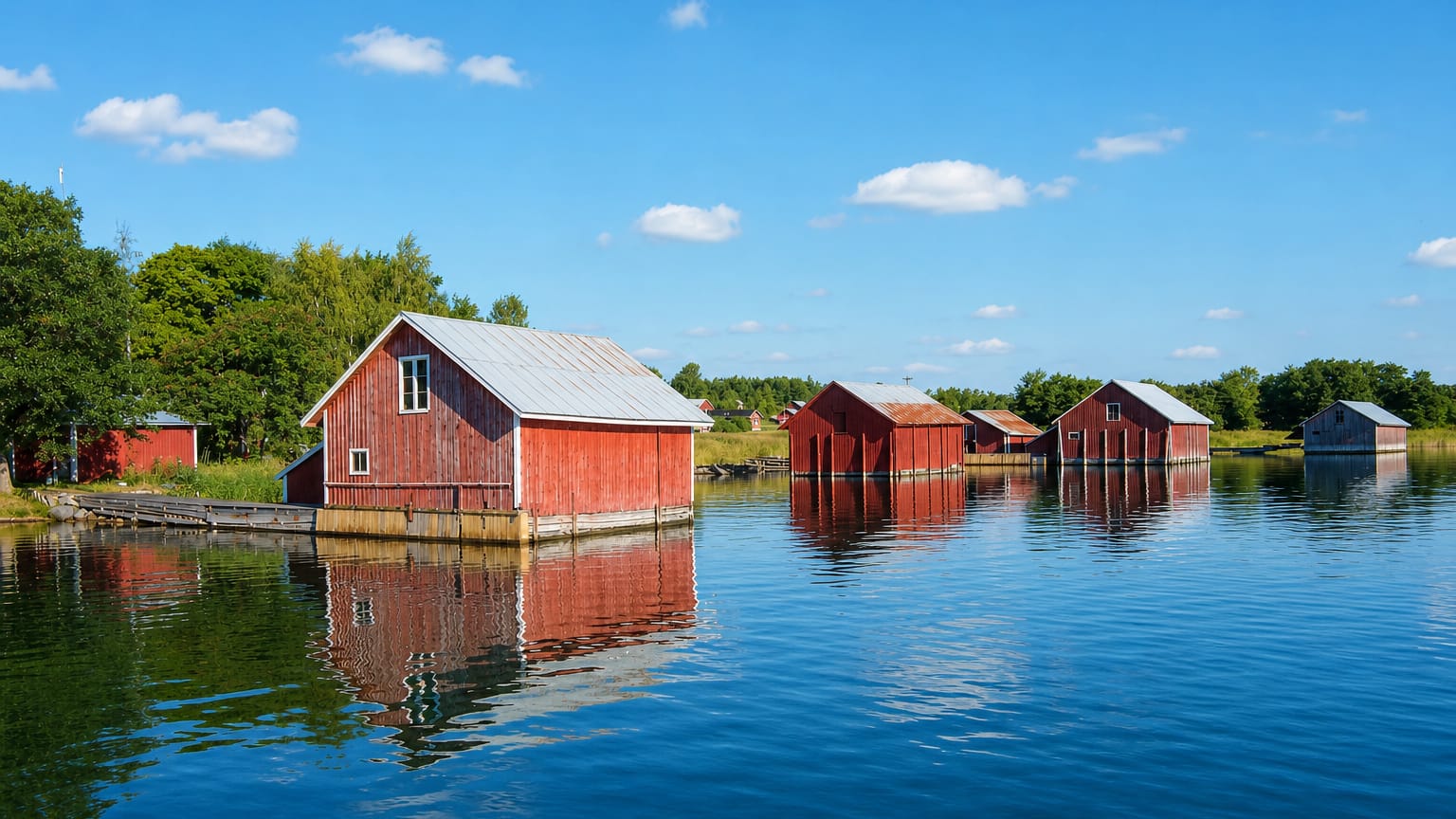 Red wooden boathouses reflected in calm archipelago waters under a blue summer sky in Houtskär, Finland.