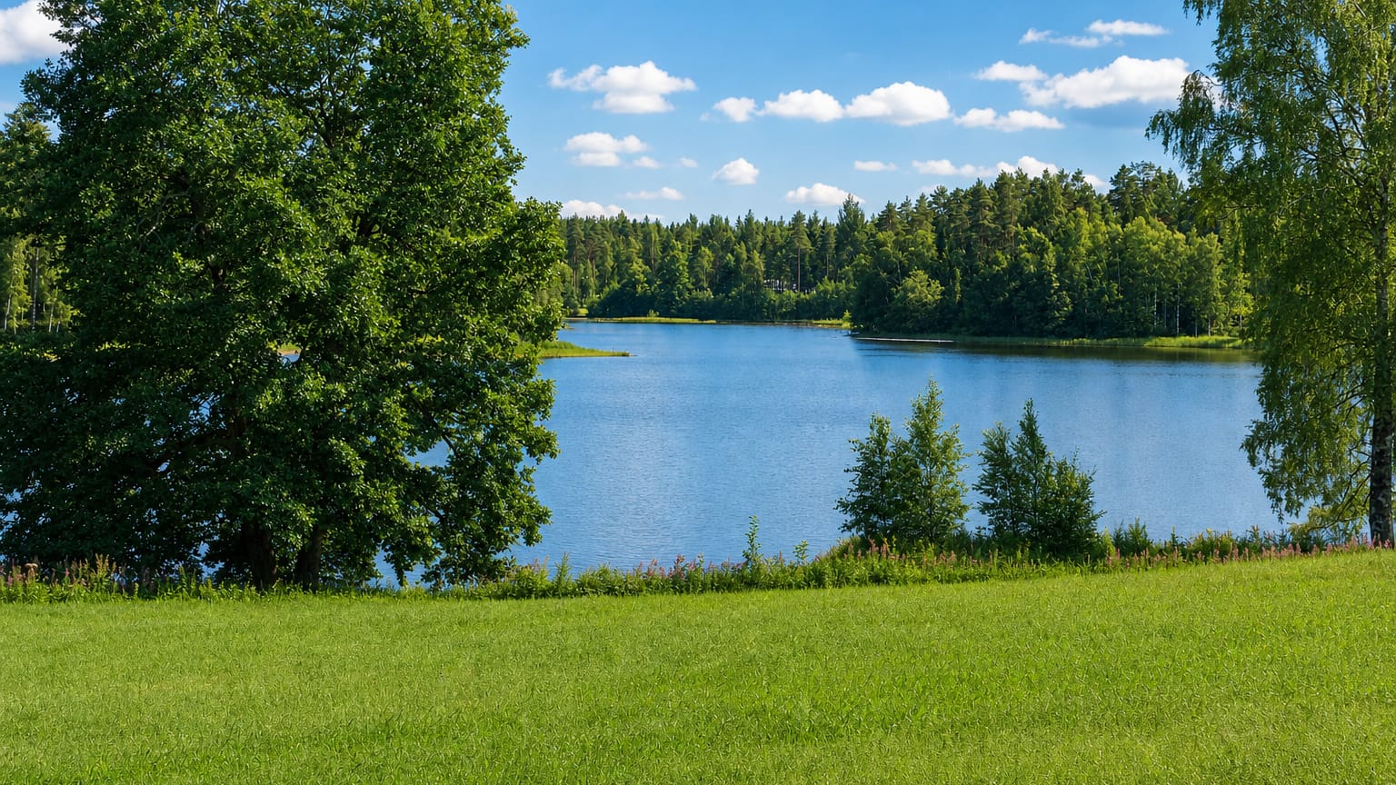 A tree-framed forest lake and green meadow under a summer sky in Kiikala, Finland.