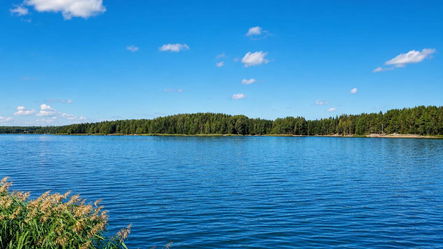 Calm blue archipelago waters with a forested shoreline and foreground reeds under a bright sky at Kimito, Finland.