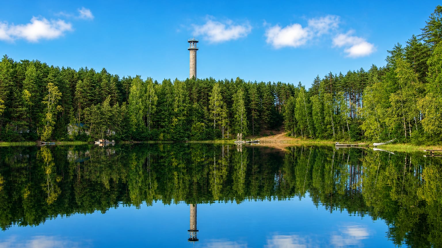 Tall observation tower above spruce-and-birch forest mirrored in a calm lake at Kuusjoki, Finland.