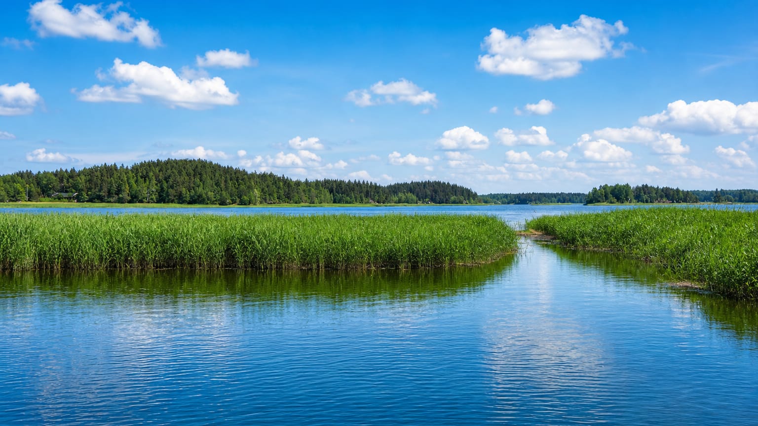 Calm reed-lined lake waters and forested shores under a bright summer sky near Lemu, Finland.